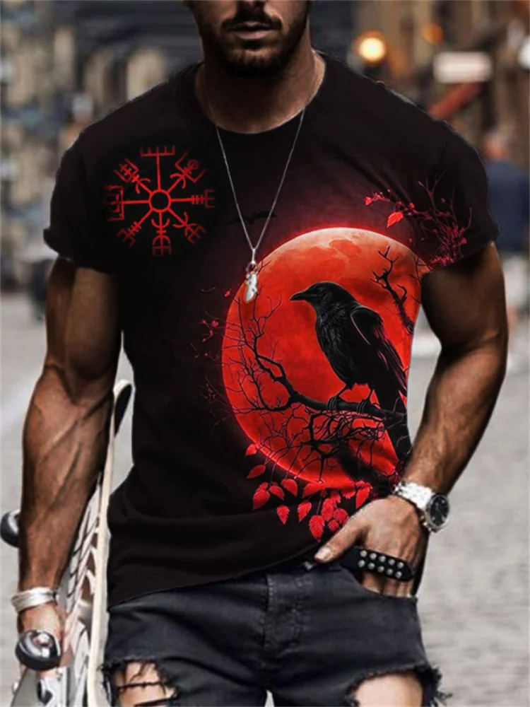 Men's Viking Vegvisir Full Moon Night Raven T Shirt