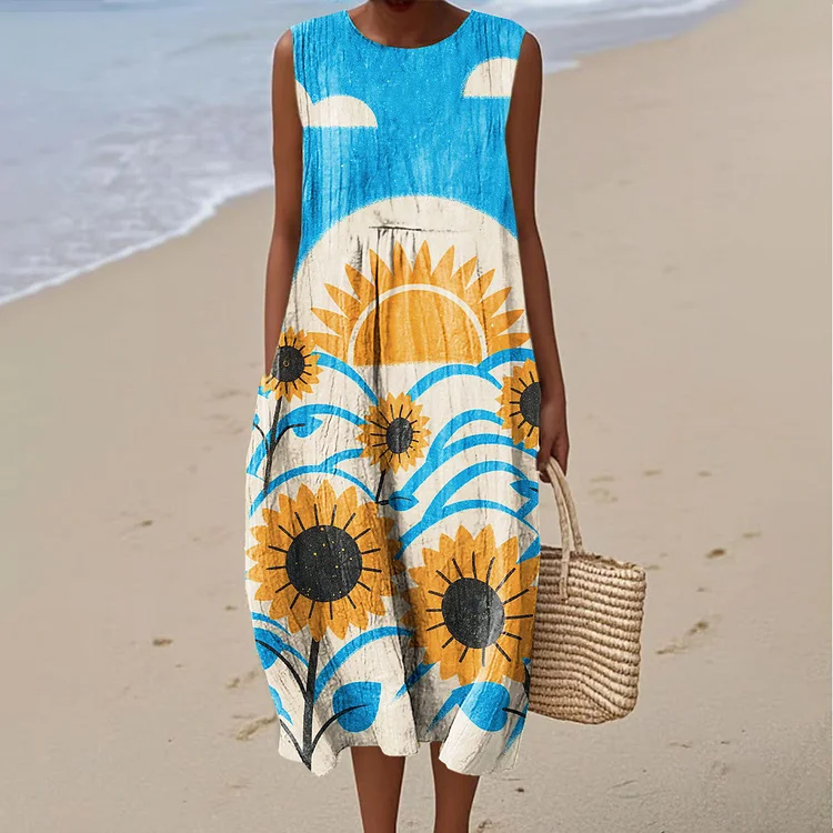 Women's Colorful Abstract Flower Art Print Sleeveless Cotton Pocket Wrap Dress