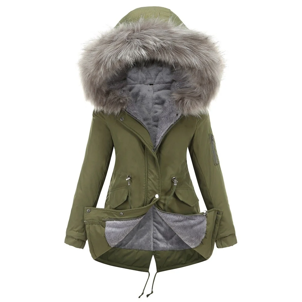 Women's Mid-length Hooded Fur Collar Warm And Fleece Coat