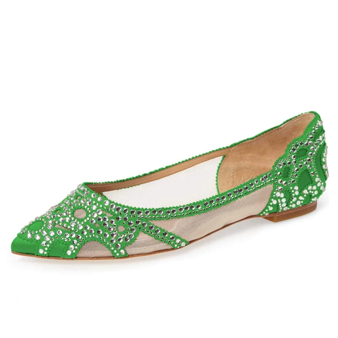 Green Satin & mesh Closed Pointed Toe Rhinestone Flat Pumps Nicepairs