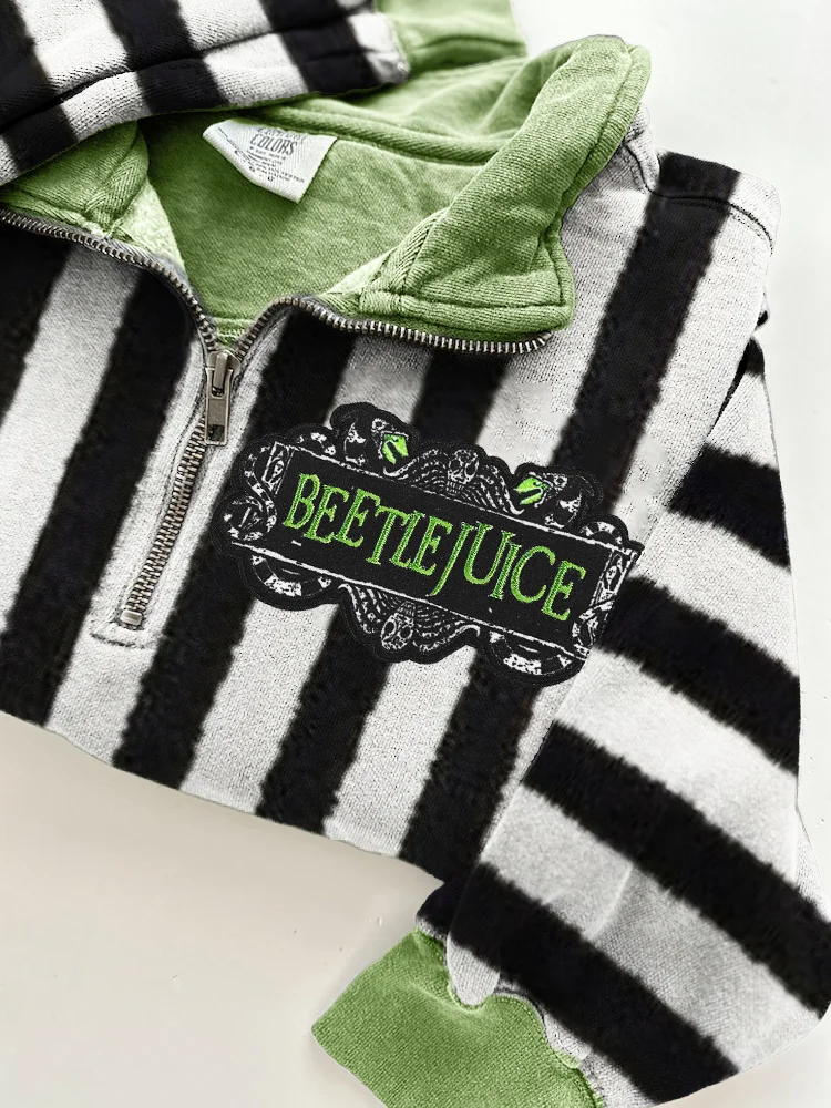 Halloween Horror Movie Embroidered Striped Zip Up Sweatshirt