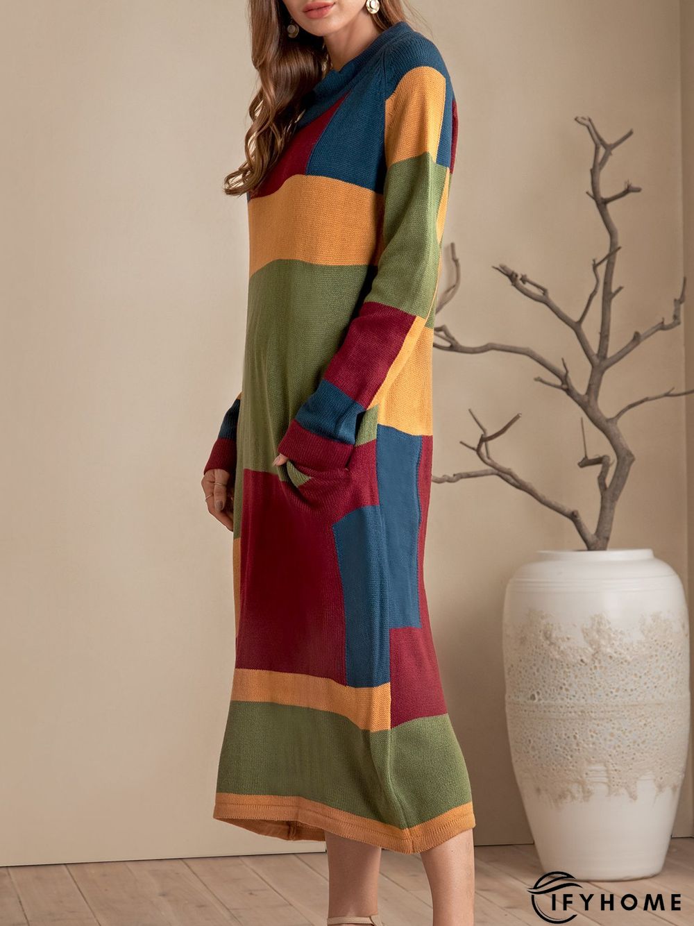 Yellow Shift Solid Pockets Color-Block Sweater Dress | IFYHOME
