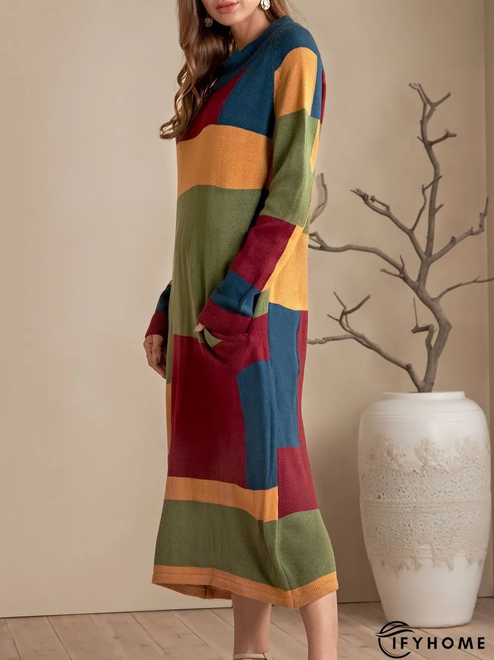 Yellow Shift Solid Pockets Color-Block Sweater Dress | IFYHOME