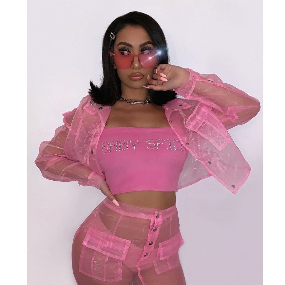ANJAMANOR Pink Organza Mesh Sexy Two Piece Set Jacket and Skirt Fashion 2020 Club Outfits Cute 2 Pcs Matching Sets D58-DD15