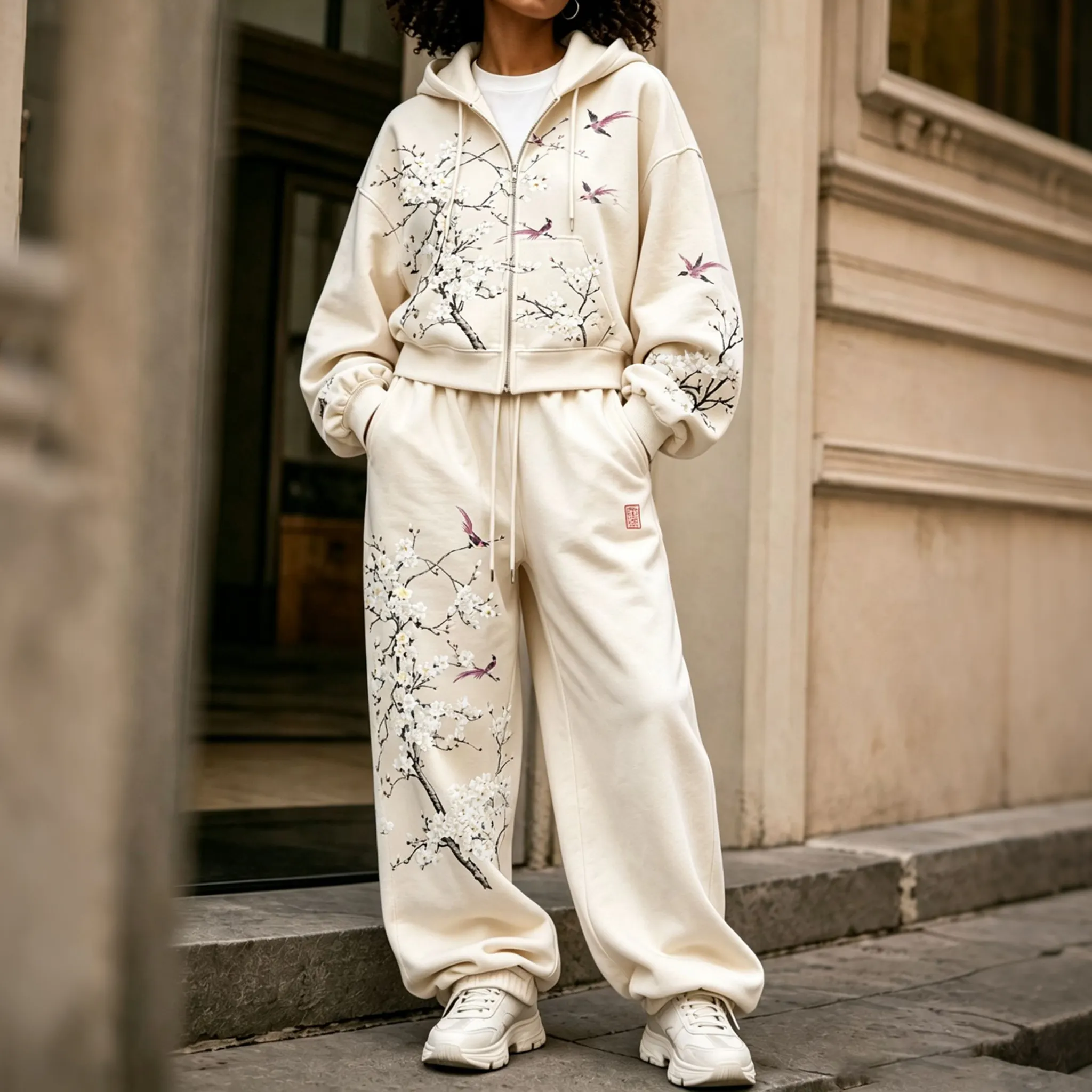 Comstylish Women's Japanese Floral And Bird Art Print Zip Up Hoodie Two Piece Set