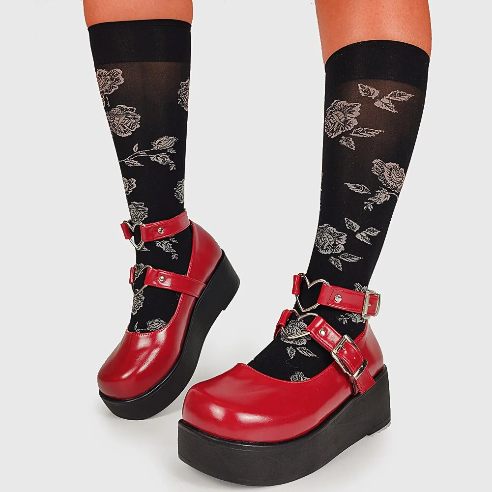 2021 Brand New Plus Size 43 Sweet Gothic Style Girls Pink Black Heart Decoration Mary Janes Flats Platform Shoes Women