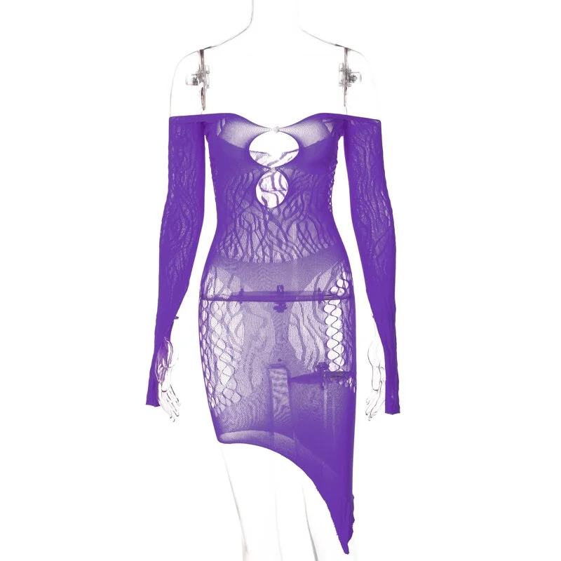 Hugcitar Print Off Shoulder Long Slit Sleeves Hollow Out Irregular Midi Dress Sexy Skinny 2022 Summer Women Party Club Night Out