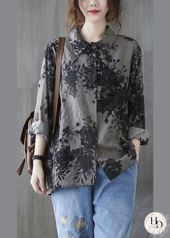 Unique Grey Peter Pan Collar Button Print Fall Blouses Long sleeve