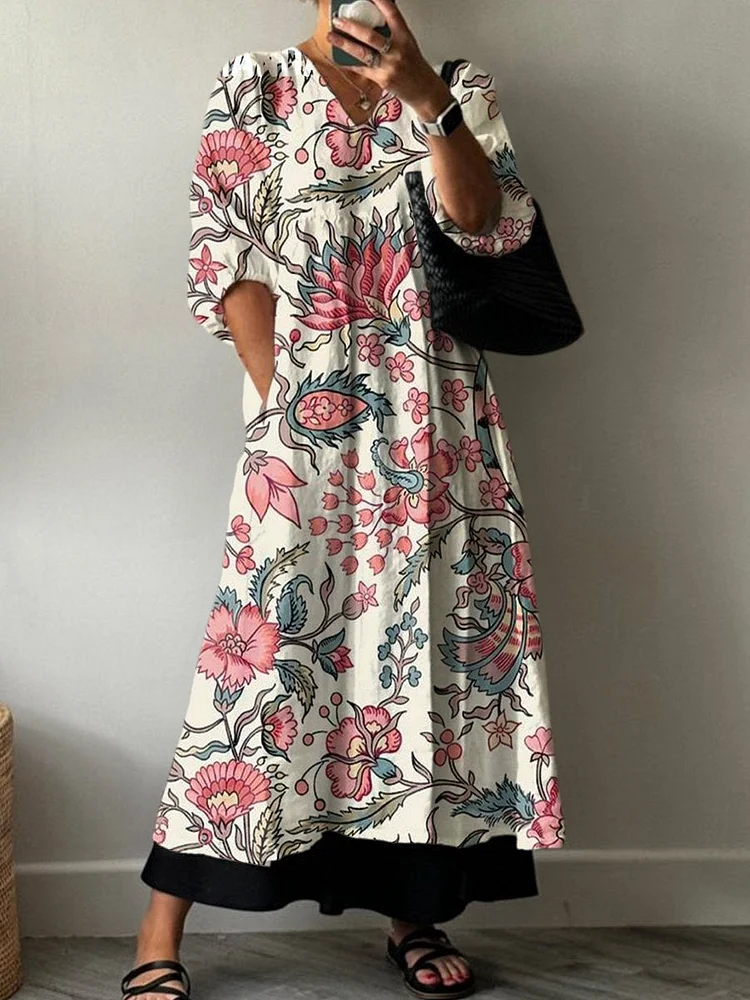 Women's Retro Floral Print Pocket V-neck Cotton Dress