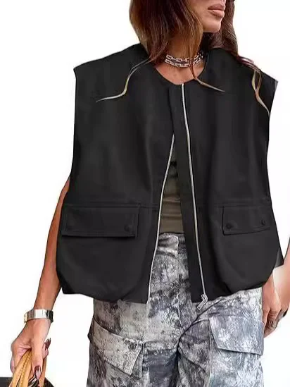 Nigikala Nigikala New Sleeveless Pocket Loose Vest Zipper Coat Woman