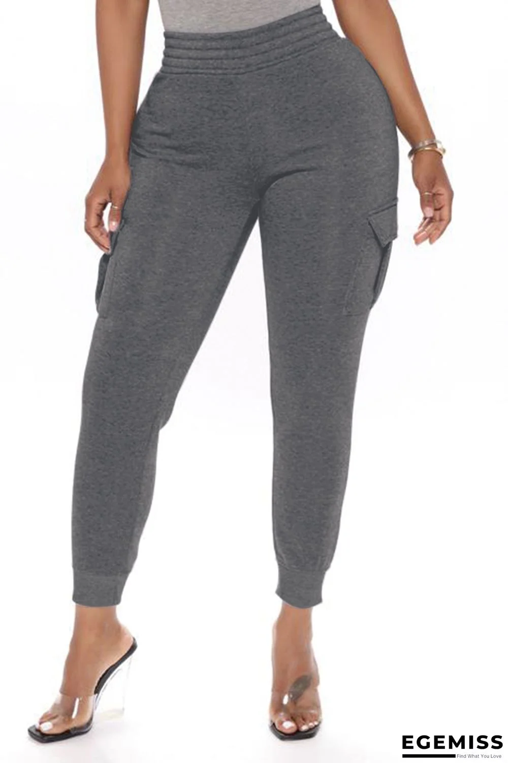 Dark Gray Casual Solid Basic Regular High Waist Pencil Trousers | EGEMISS