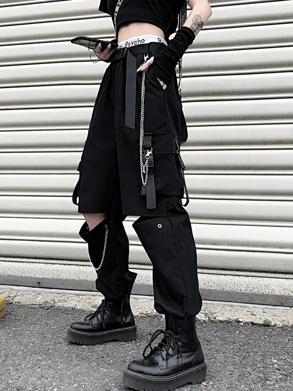 Hip-pop Cutout Chain-trimmed Belt Decoration Industrial Pants