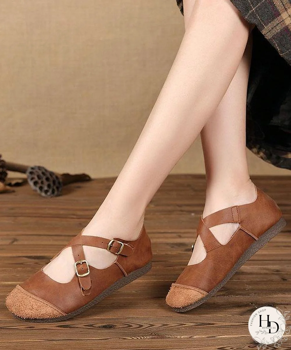 Splicing Brown Flat Feet Shoes Buckle Strap Flats