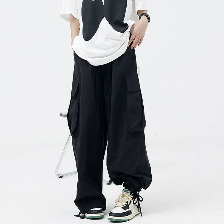 Solid Color Middle Waist Drawstring Pockets Baggy Cargo Pants  