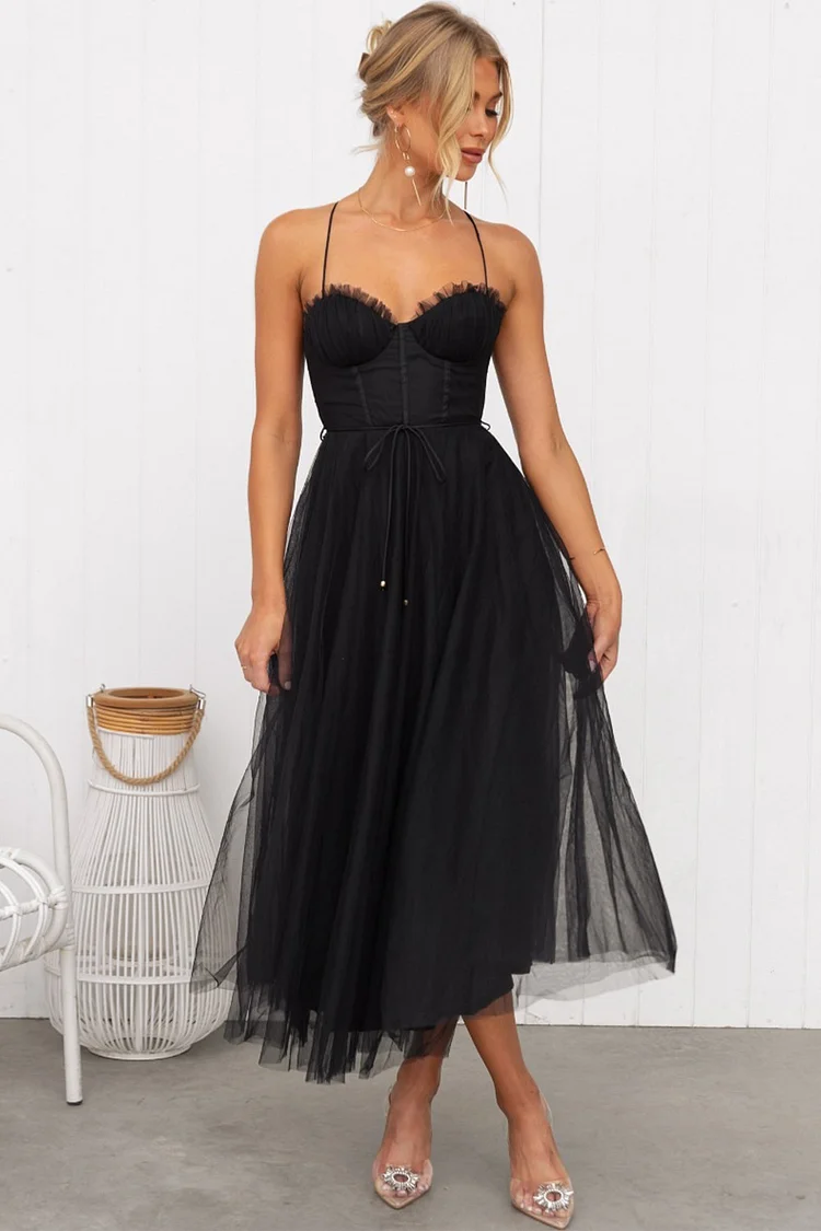 Cocktail Caramel Mesh Lace-Up Cami Midi Dress