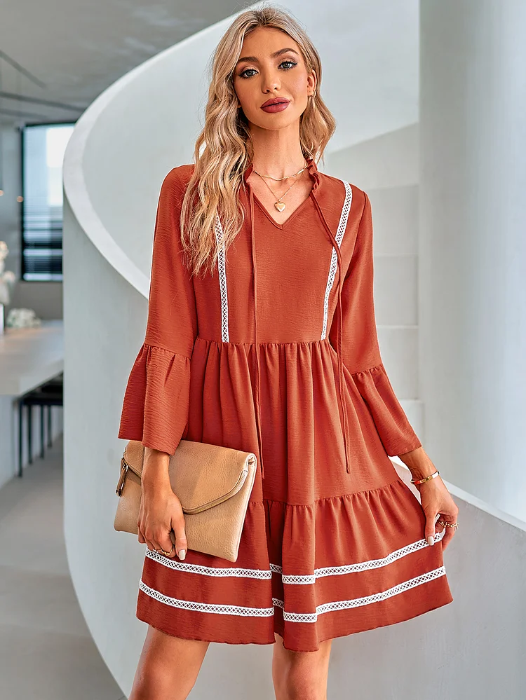 Women's Casual Loose V neck Full Sleeve A-line Mini Dress