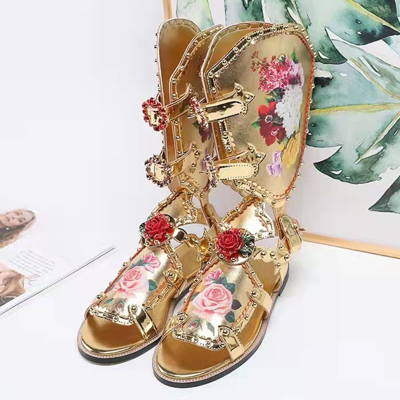 Gold Flower Knee High Boots Woman Open Toe High Heels Shoes Lady Flat Gladiator Sandals