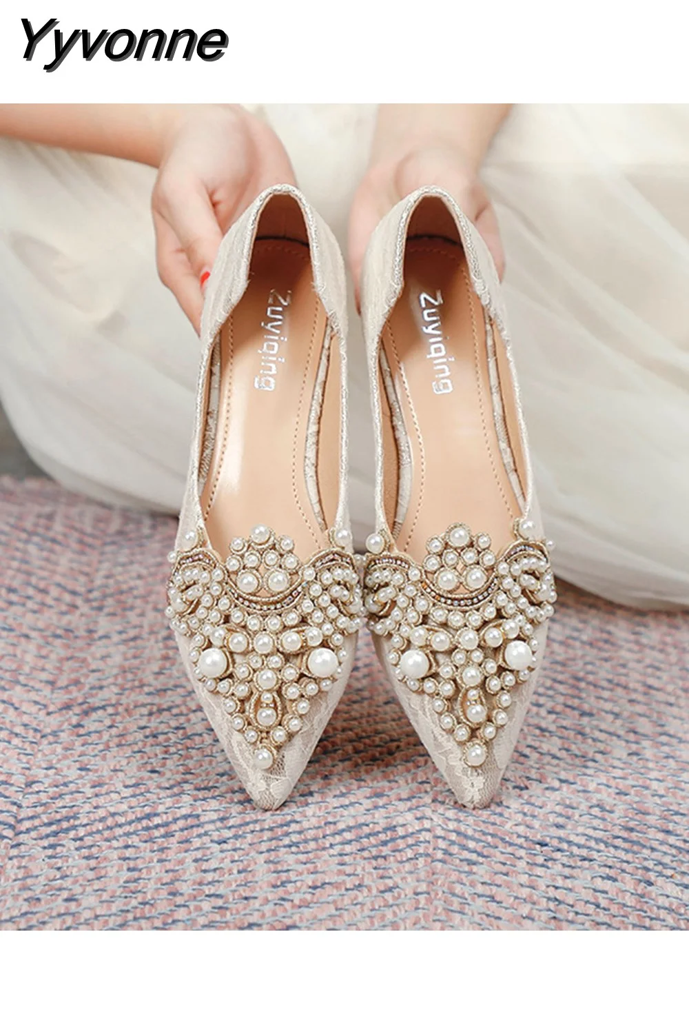 Yyvonne Beads Wedding Shoes Women 2023 Lace Embroider Flats Woman Ballerina Pointed Toe Pearl Loafers Sneakers Plus Size 35-43