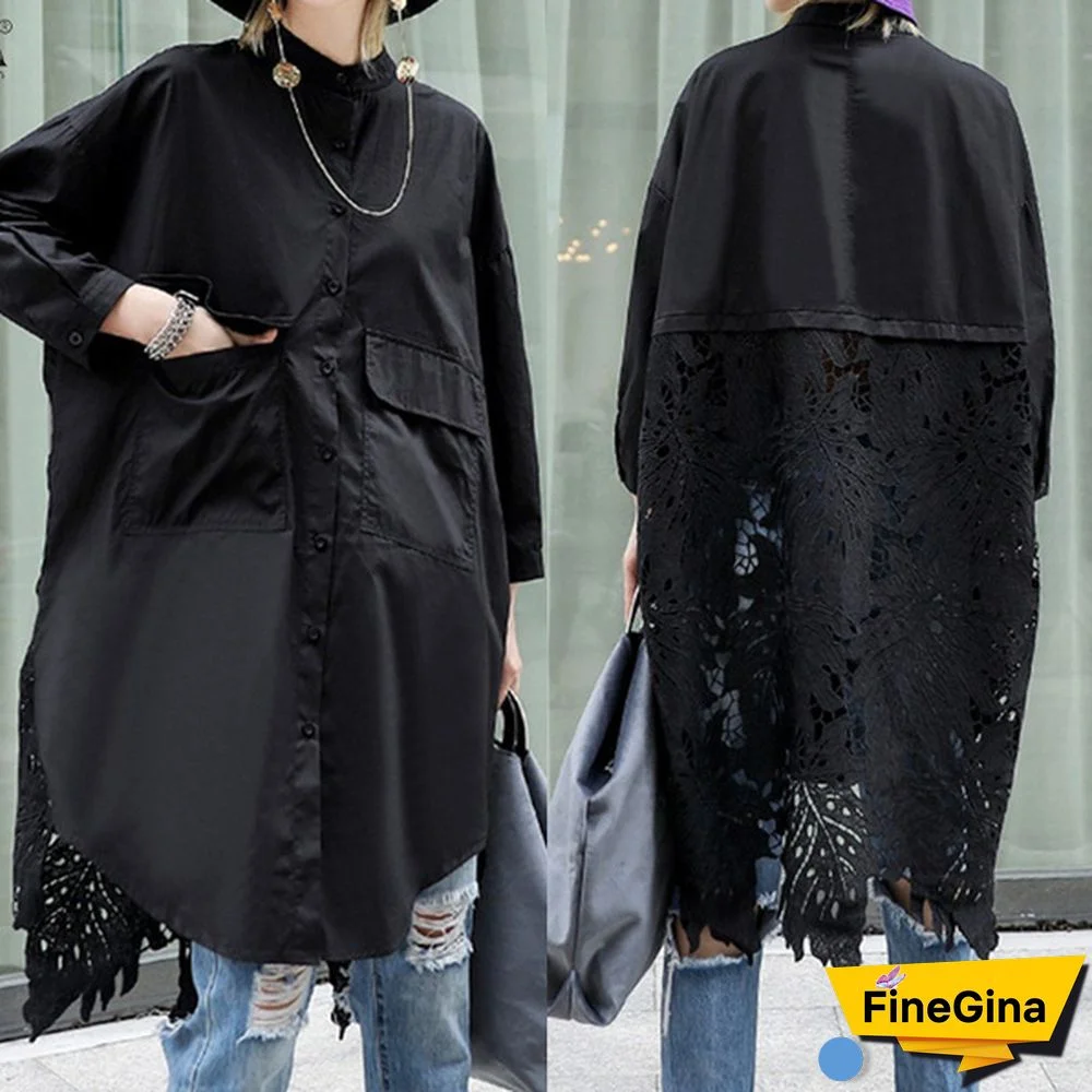 zanzea Womens Long Sleeve O Neck Lace Patchwork Shirt Casual Loose Top Blouse Dress