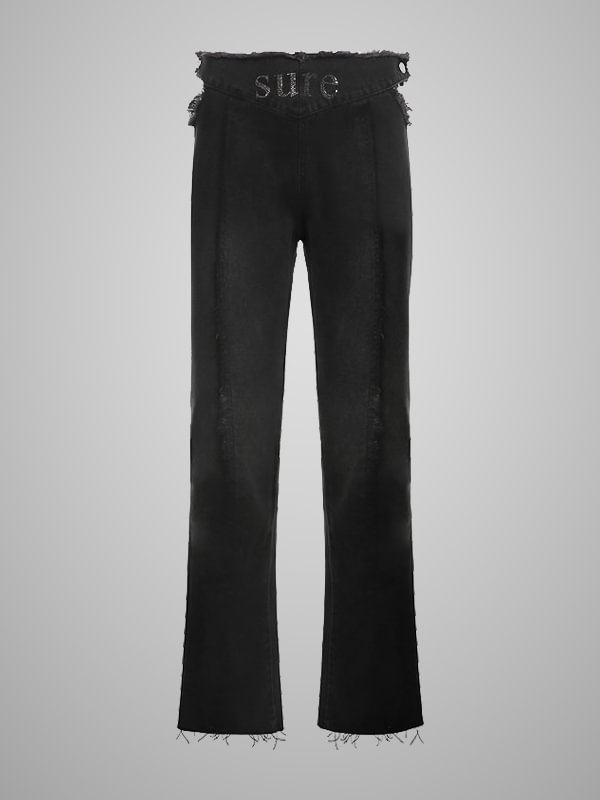 Gothic Dark Solid Color Washed Letter Ironed Ablazly Cutout Straight Slim Pants