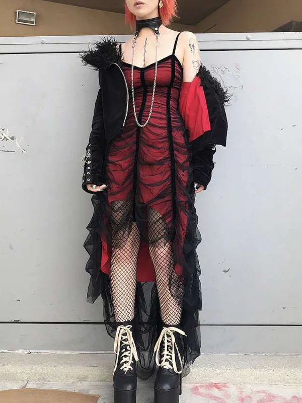  Women Gothic Punk Dresses Irregular Cami Midi Dress