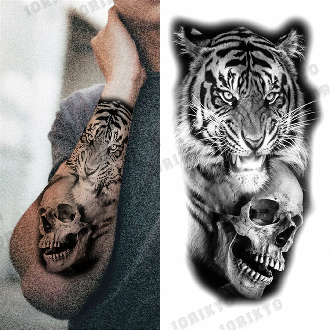 Sdrawing Tiger Skull Wolf Temporary Tattoos For Men Adult Crown Compass Pirate Warrior Fake Tattoo Body Art Decoration Tatoos Paper