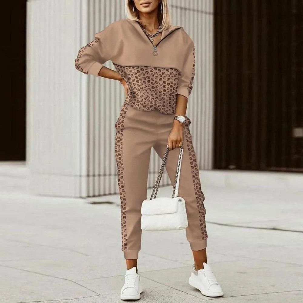 Brown Hoodie Print Two Piece Set