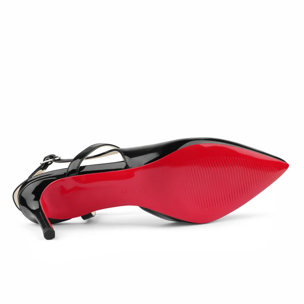 65mm Women Slingback Red Bottom Pumps Ankle Strap Jenlove Stiletto Mid Heel Close Pointed Toe Dress Red Soles Sandals Shoes-MERUMOTE