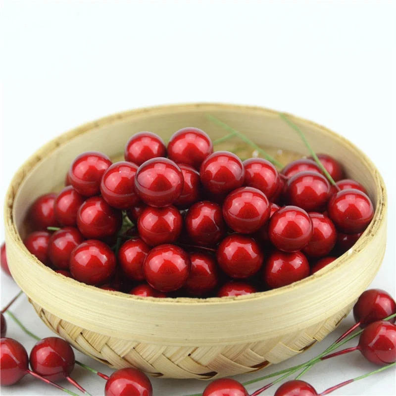 500pcs 1.2cm Mini Fake Plastic Fruit Artificial Small Berries Red Cherry Stamen Pearlized Wedding Christmas Diy Decorative