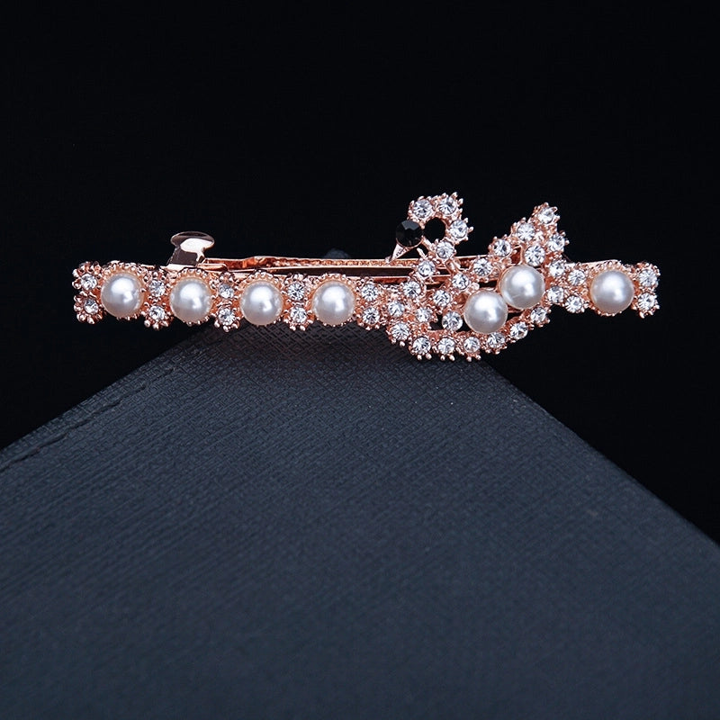Korean Hair Accessories Rhinestone Bow Simple Hairpin Adult Pearl Horizontal Clip Ponytail Clip Top Clip Spring Clip Small