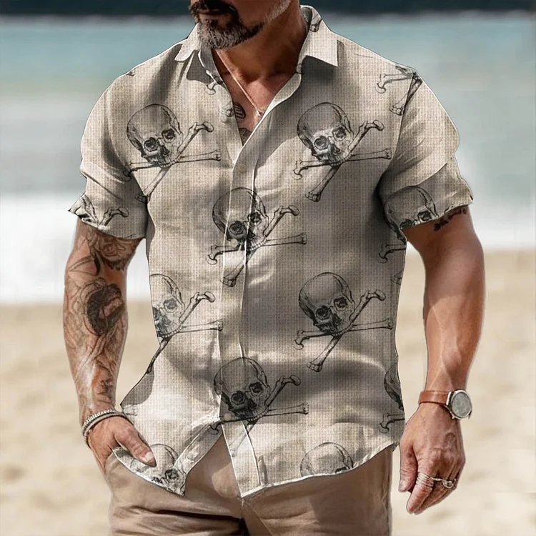 Men's Vintage Skull Crossbones Hawaiian Beach Short Sleeve Shirt socialshop