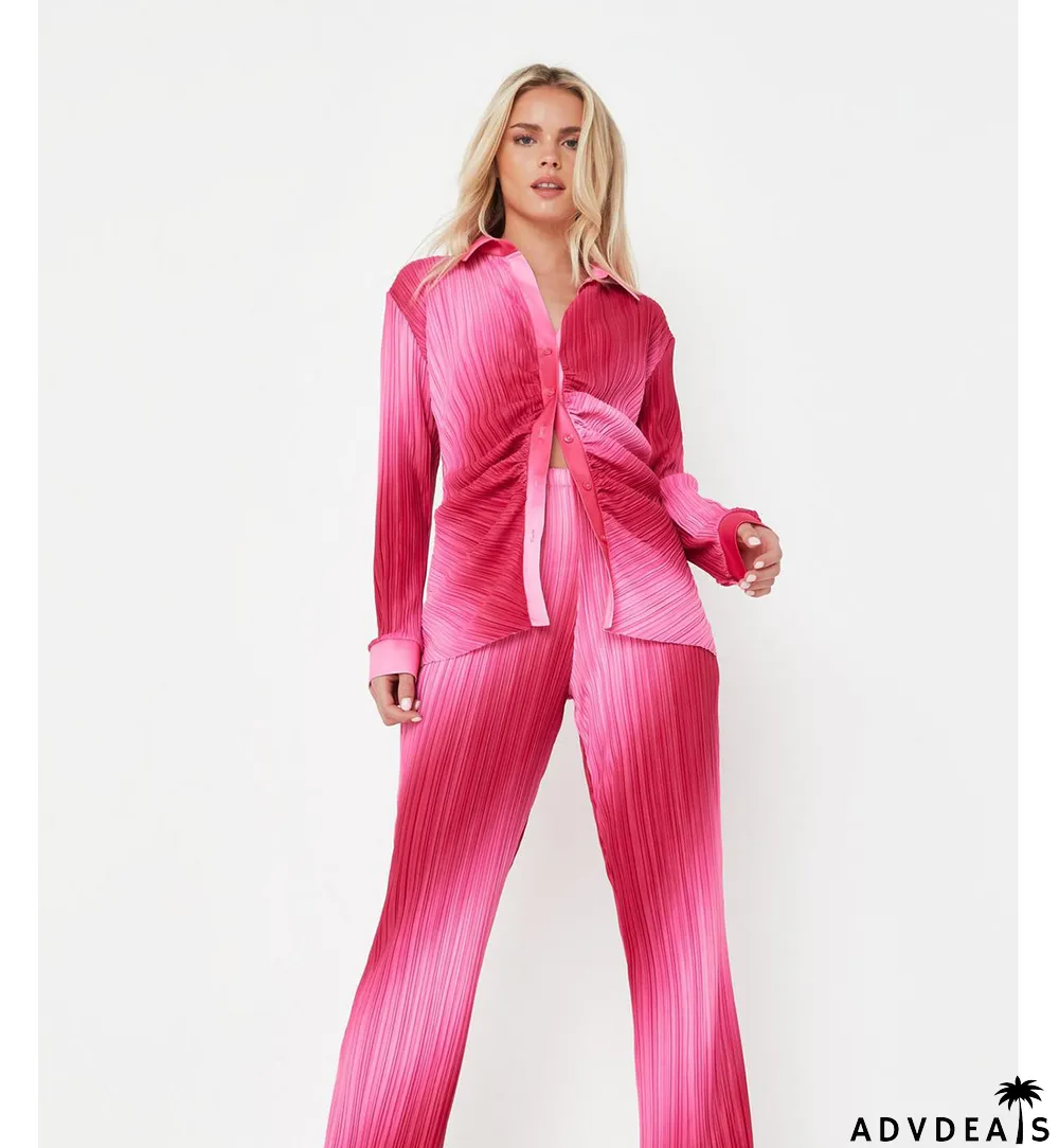 Women Gradient Pleated Print Shirt + Pants Two-Piece Set