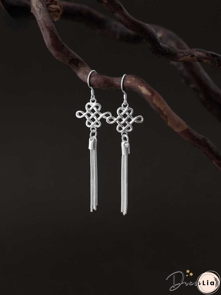 S925 Silver Art Retro Knot Tassel Earrings Elegant Bride Ethnic Style Ear Clip