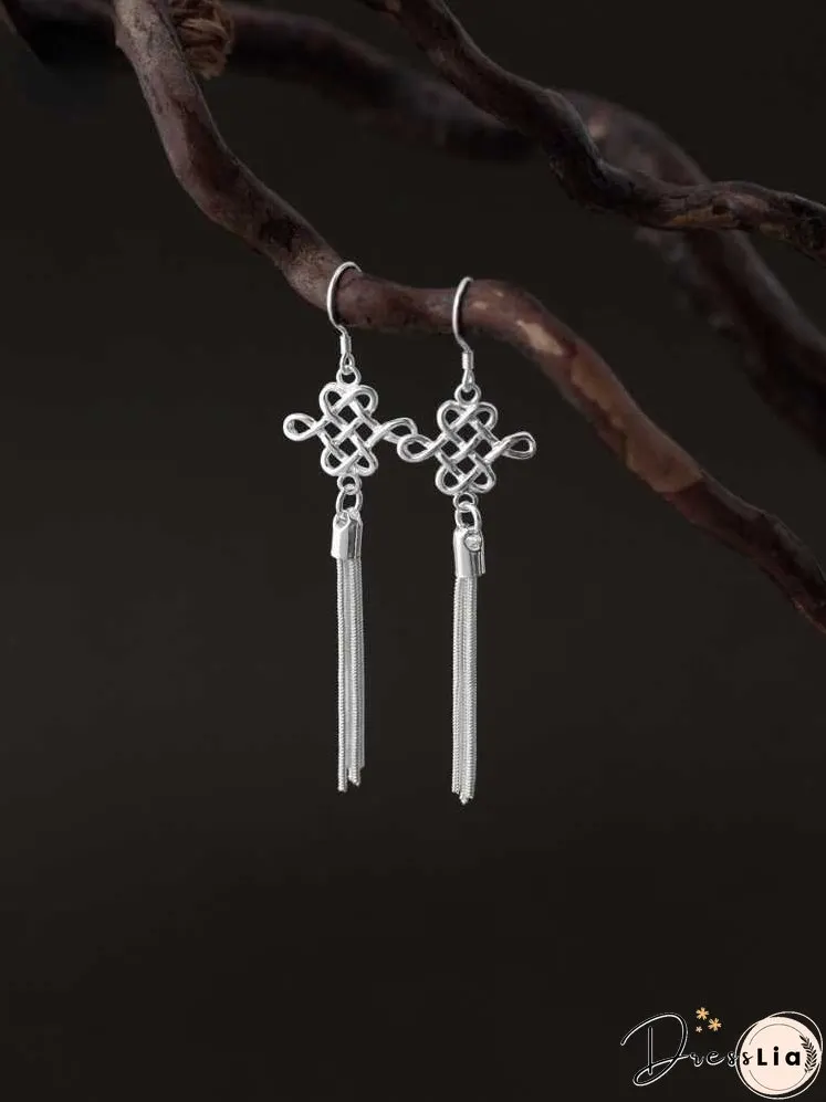 S925 Silver Art Retro Knot Tassel Earrings Elegant Bride Ethnic Style Ear Clip