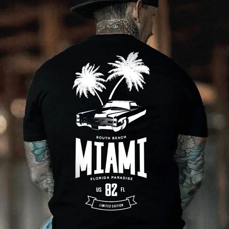 SOUTH BEACH MIAMI Coconut Tree & Classic Car Print Men's T-shirt