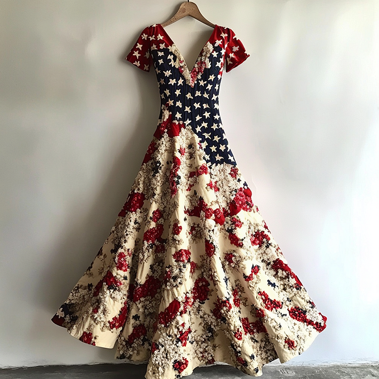 VChics Women's Vintage Independence Day Flag Floral Short Sleeve Dress