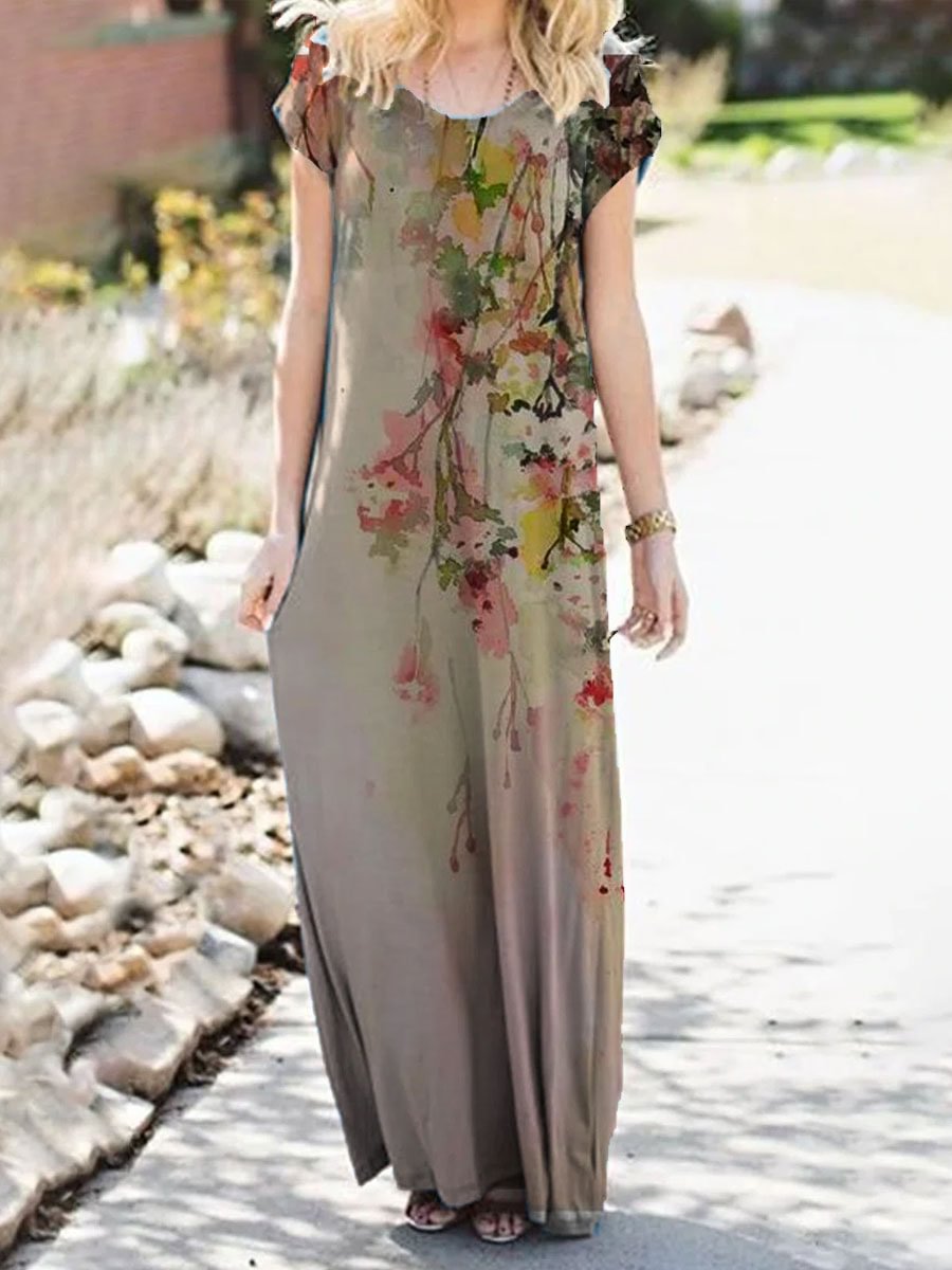 V-neck Casual Loose Floral Print Short Sleeve Maxi Dress