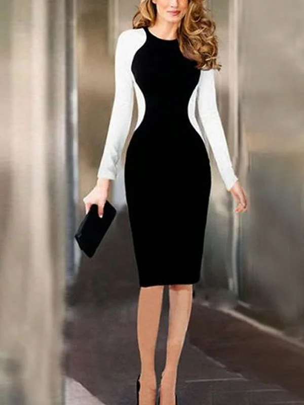 slim color blocking package hip elastic ladies dress