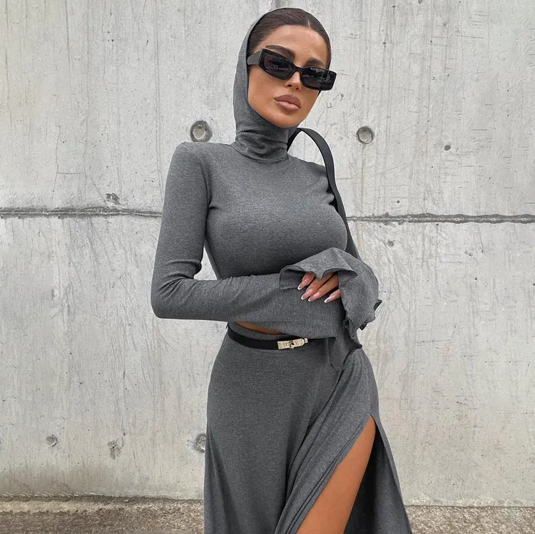 Churchf Churchf Women's Short Hooded Top High Waist Side Slit Unique Suit Skirt 2024 Spring And Autumn New Two-Piece Set For Women