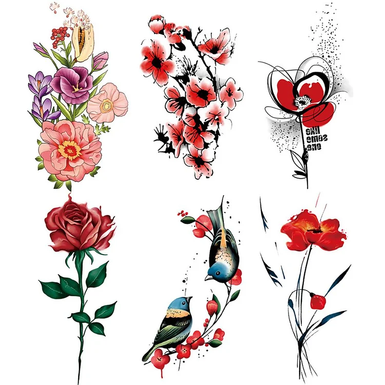 6 Sheets Bird Flower Watercolor Temporary Tattoo Sticker