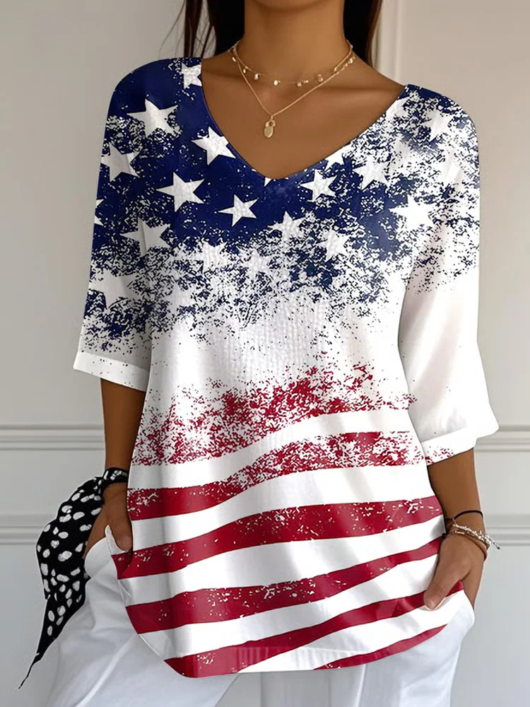Women's Independence Day Flag Faith Fabric Casual V-neck T-shirt