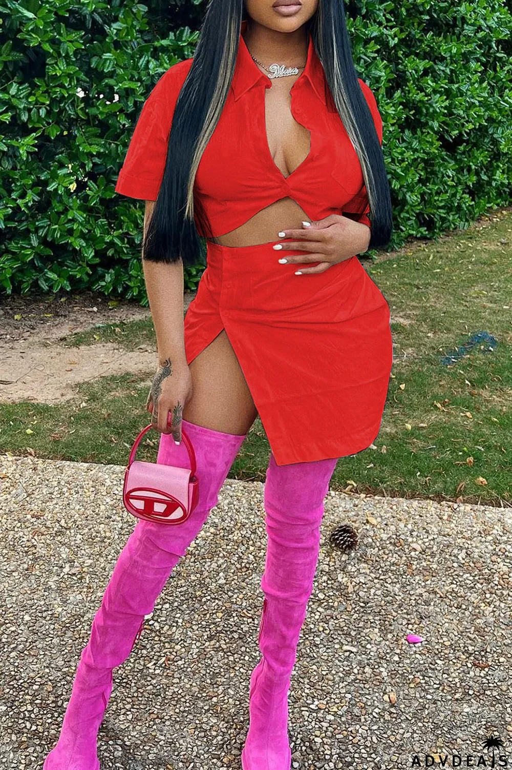 Red Fashion Casual Solid Split Joint Turndown Collar Short Sleeve Two Pieces