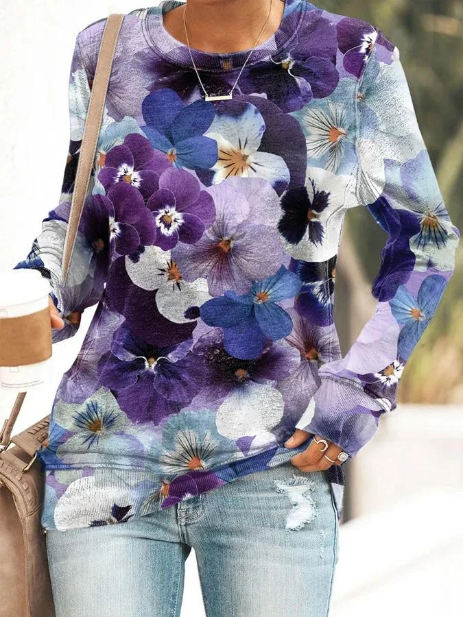 Alzheimer's Awareness Iris Floral Printed Women's Casual Sweatshirt socialshop