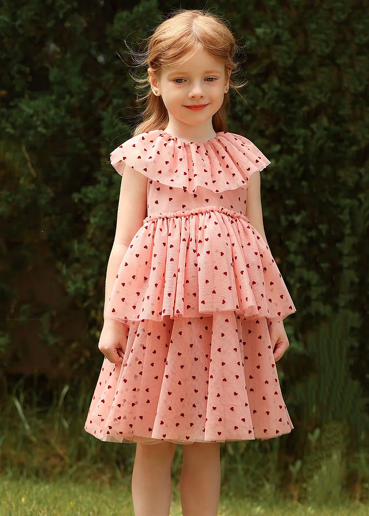 Chic Pink Ruffled Dot Tulle Girls Dress Summer