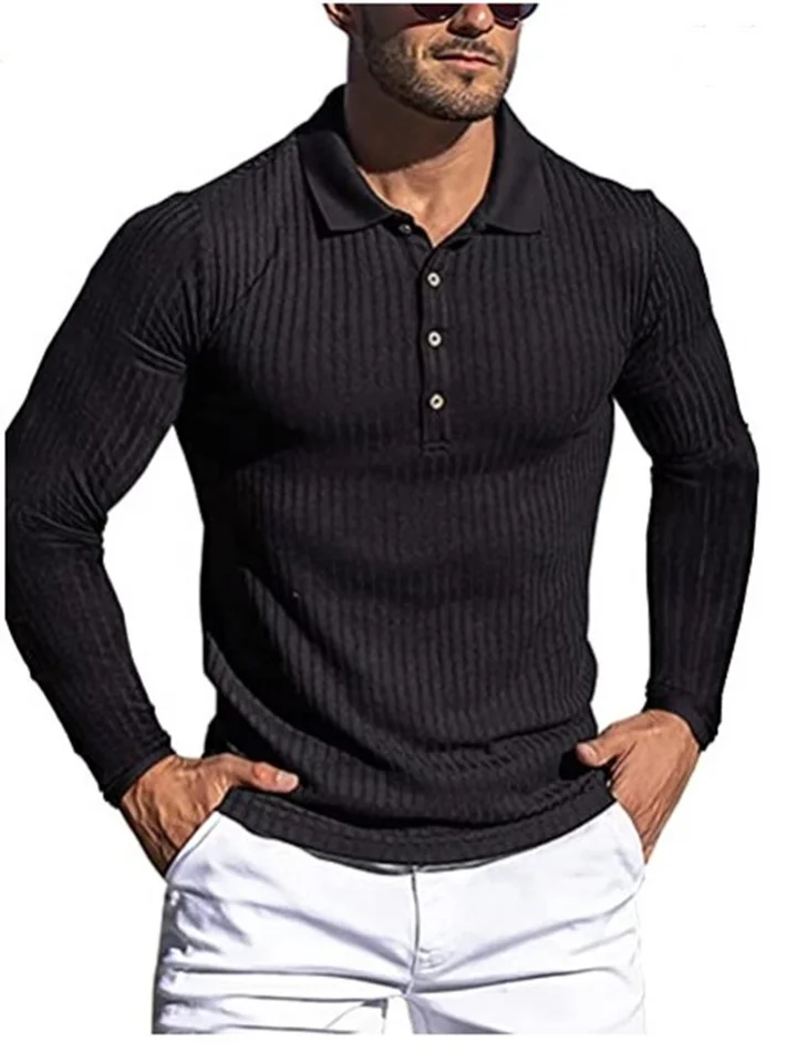 Men's Running Fitness Autumn High Stretch Vertical Stripe Solid Color Long Sleeve Polo Shirt Slim Knit Polo Shirt-Cosfine
