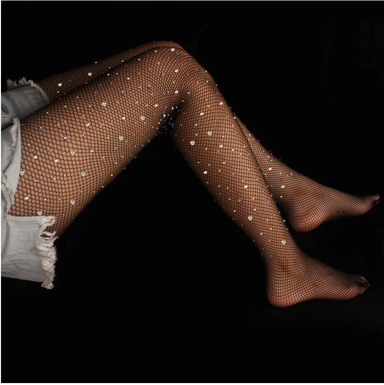 Sexy Fashion Fishnet Diamond Pantyhose Women Shiny Fish Net Tights Female Slim Rhinestone Mesh Nylon Stockings Tights