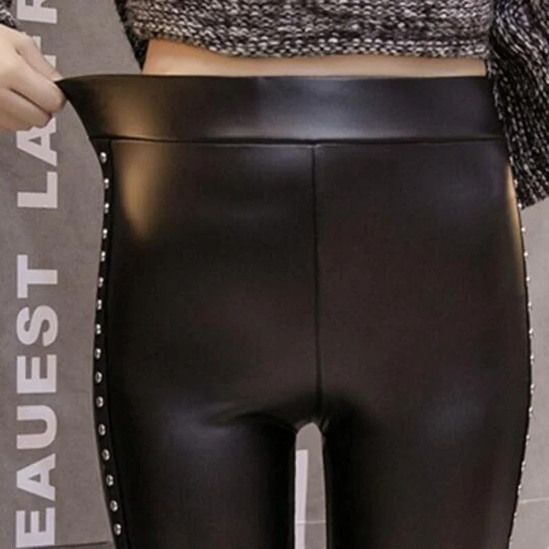 CUHAKCI PU Leather Fleece Women Fashion Rivets Velvet Winter Leggings Push Up Black Lady Trousers Pencil Pants