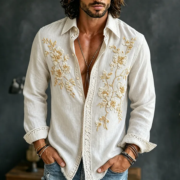 Men's Retro Japanese Floral Art Print Short Sleeve Casual Shirt