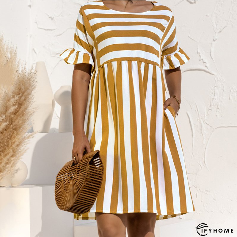 Women's Striped Print Party Ruffle Sleeves High Waist Elegant Casual Beach Dress | IFYHOME
