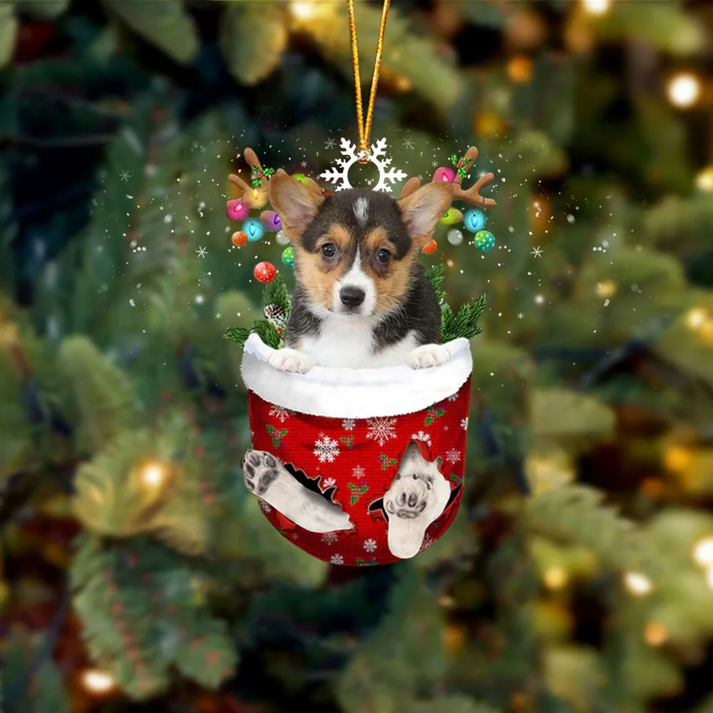 Pembroke Welsh Corgi Tri Color In Snow Pocket Christmas Ornament.